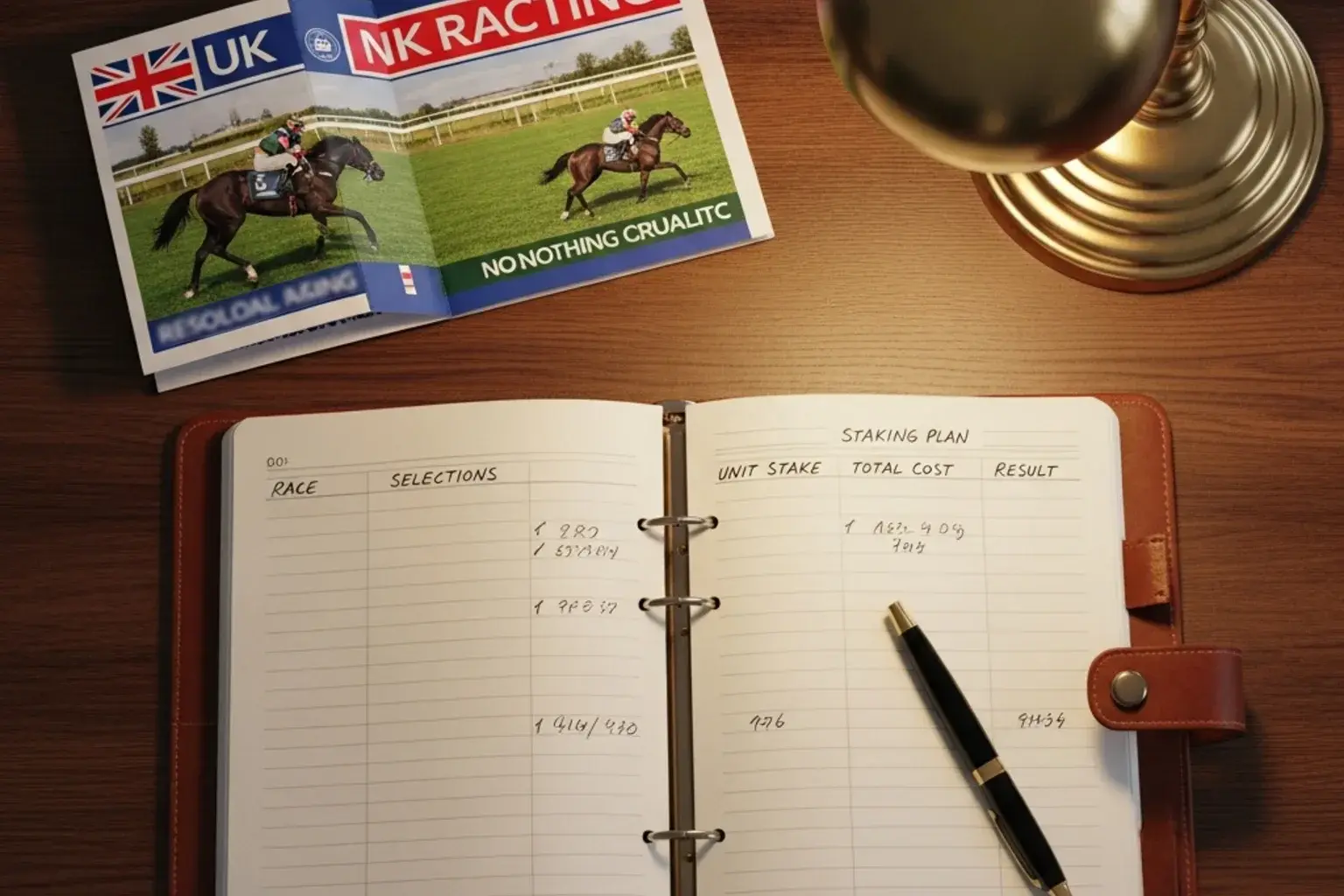 Notebook with a handwritten staking plan for horse racing box bets beside a racecard