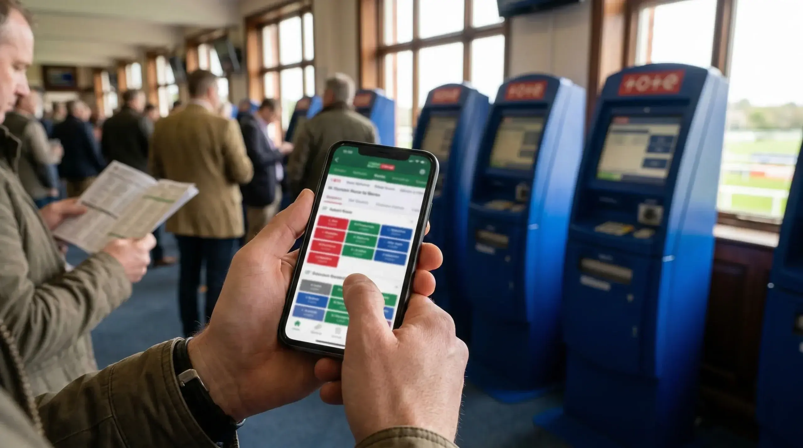 Smartphone showing a horse racing betting app beside a Tote terminal at a UK racecourse