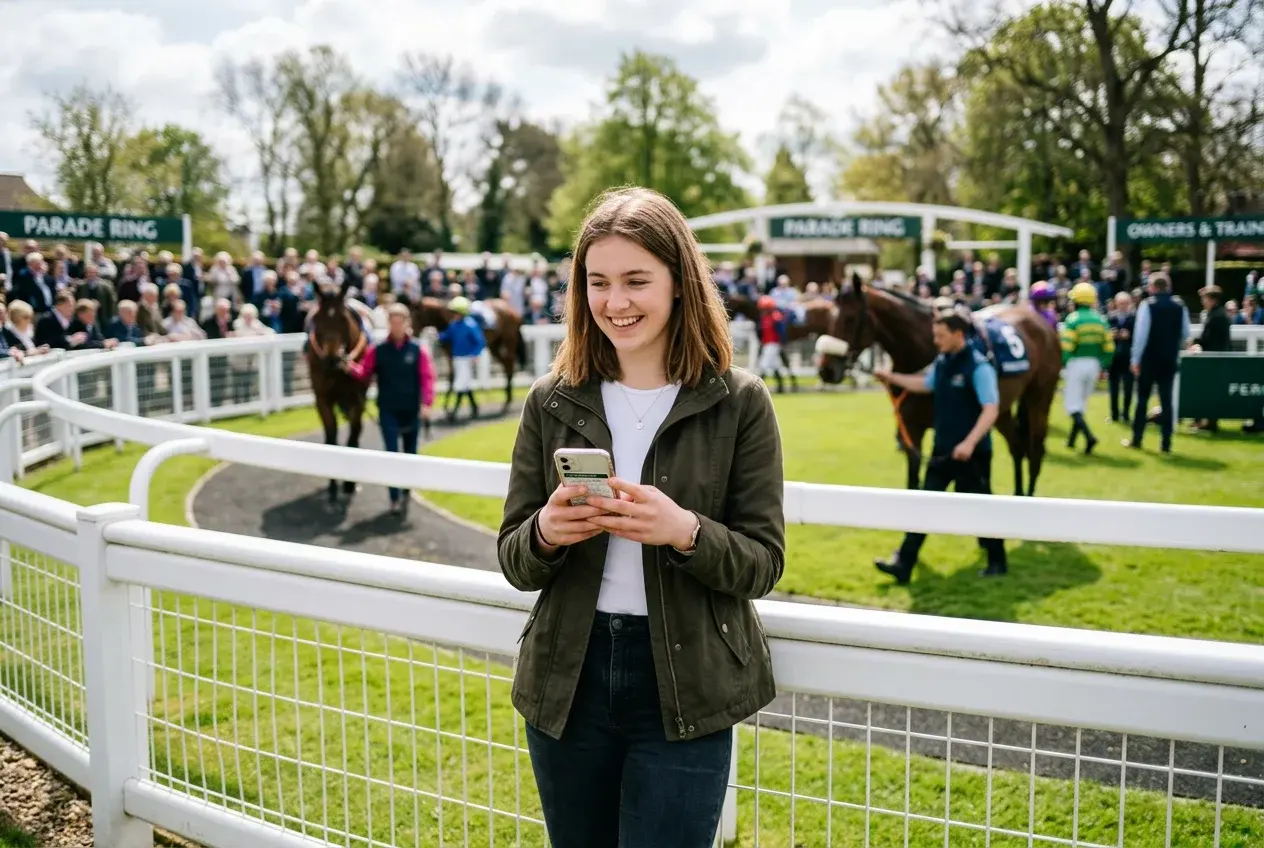 Beginner placing a first combination forecast bet on a mobile phone at a UK racecourse