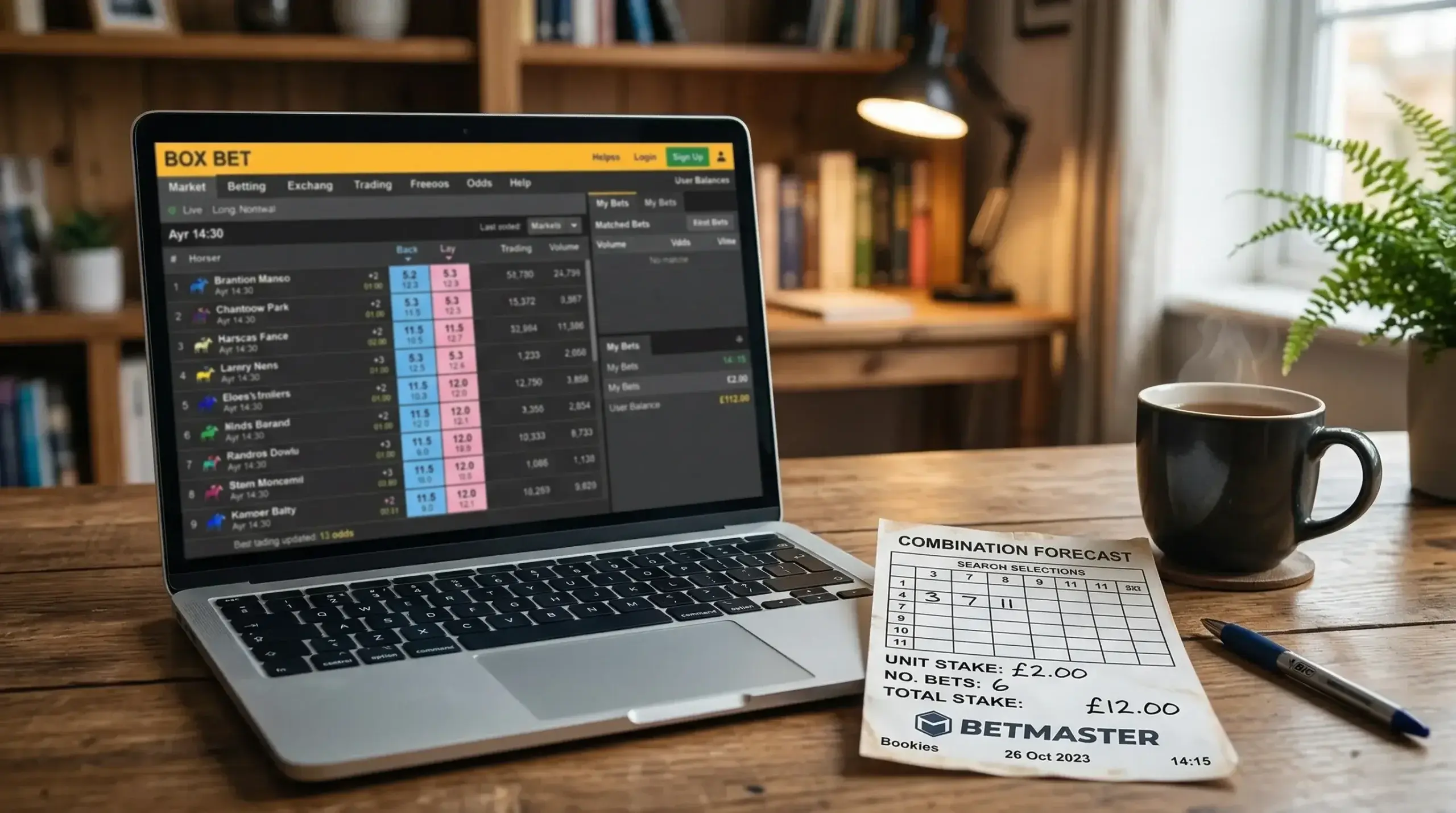 Betfair Exchange screen on a laptop alongside a traditional bookmaker forecast slip