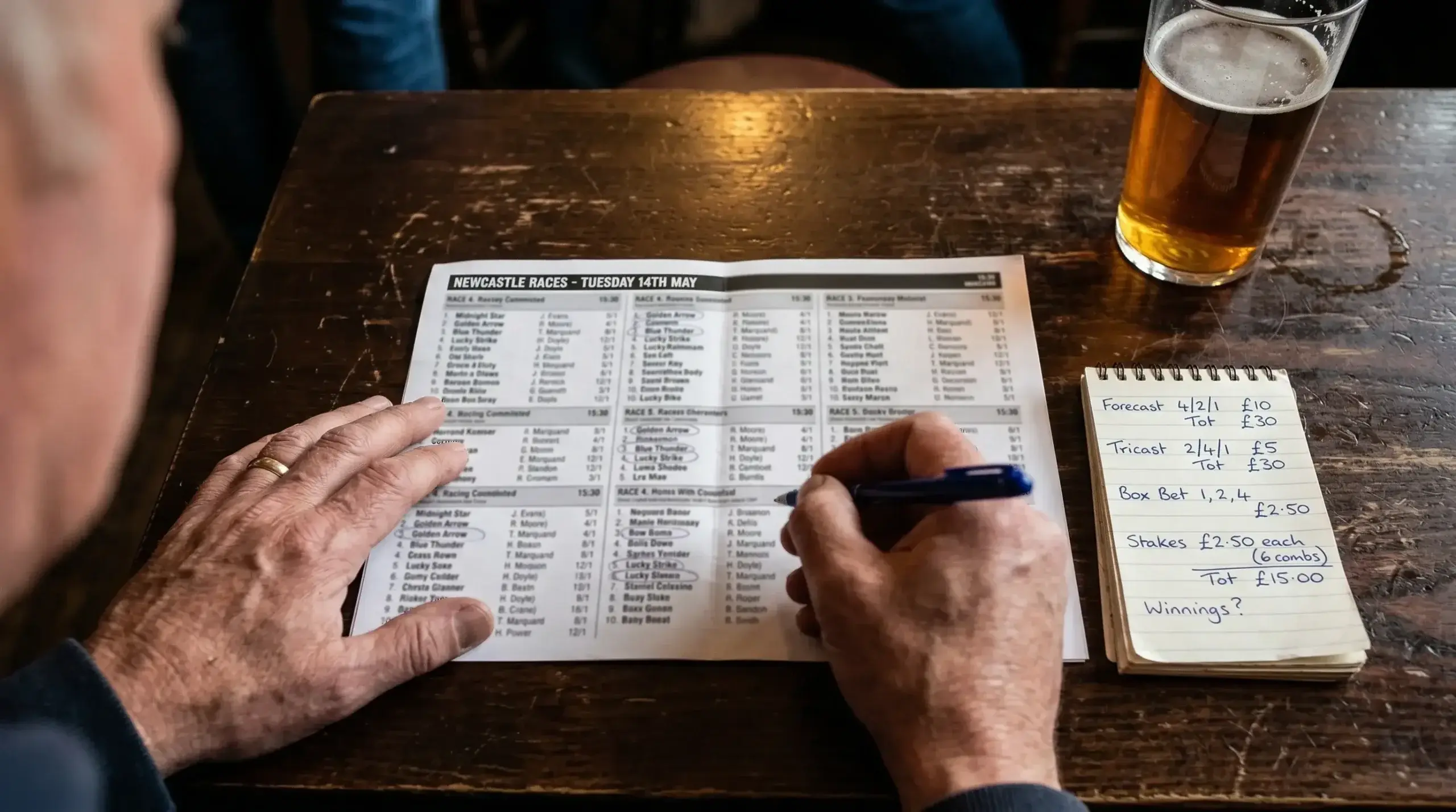 Punter studying a horse racing racecard with pen and notes calculating box bet costs