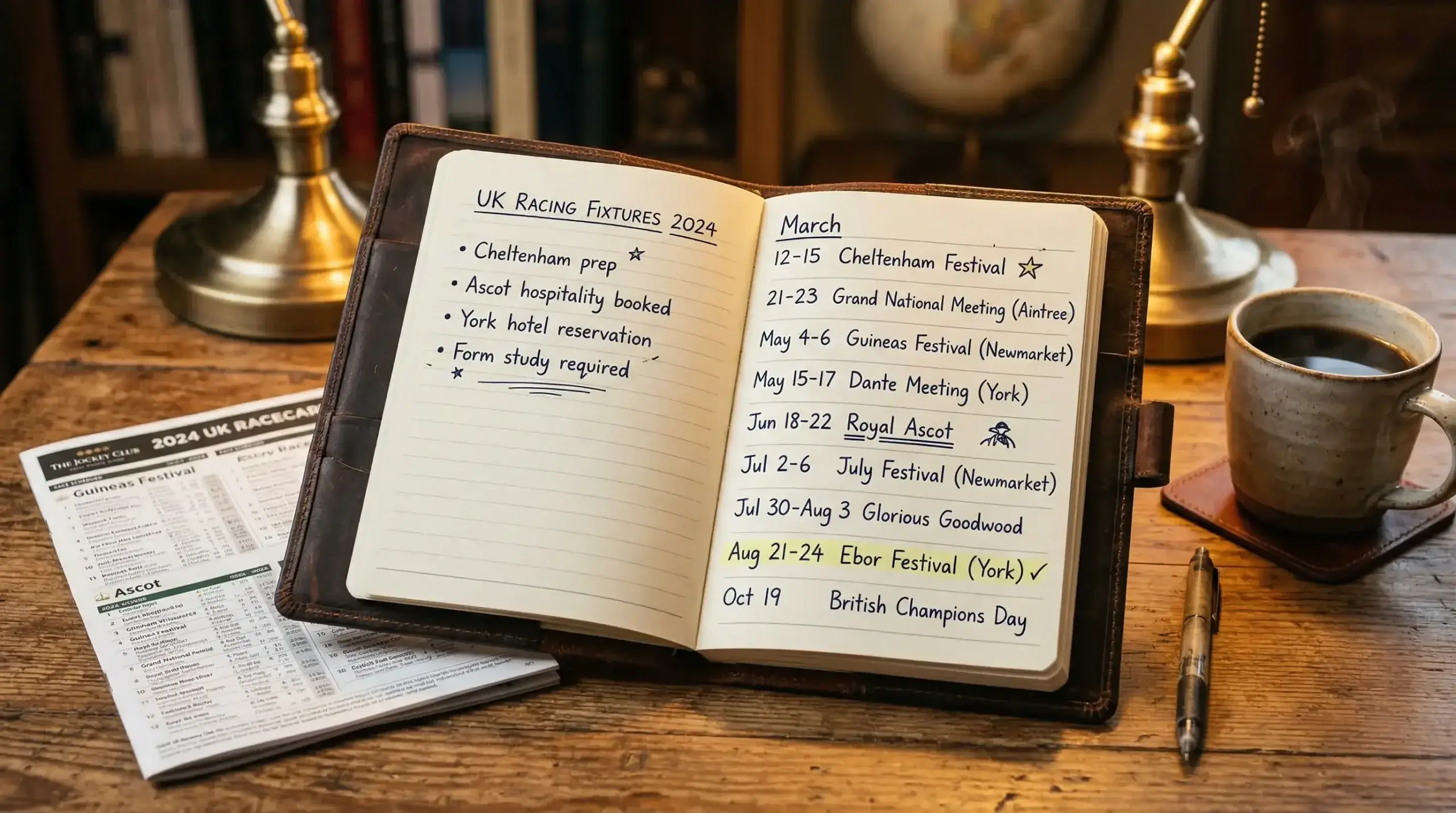 Open planner notebook with UK horse racing fixtures marked for box bet targeting