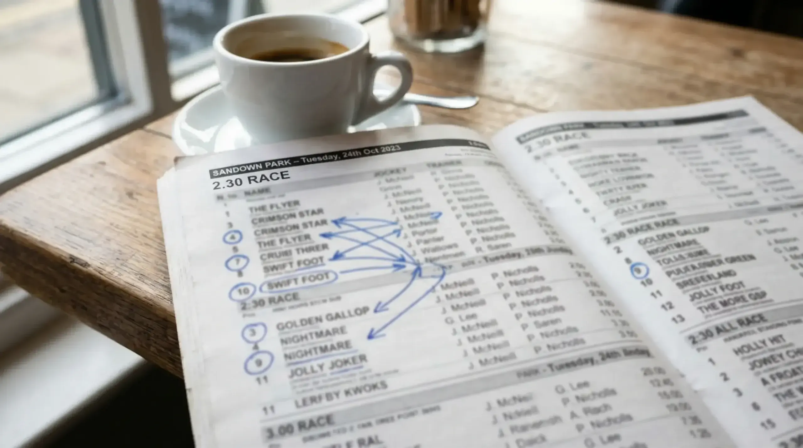 Close-up of a racecard with numbered horses and handwritten permutation notes