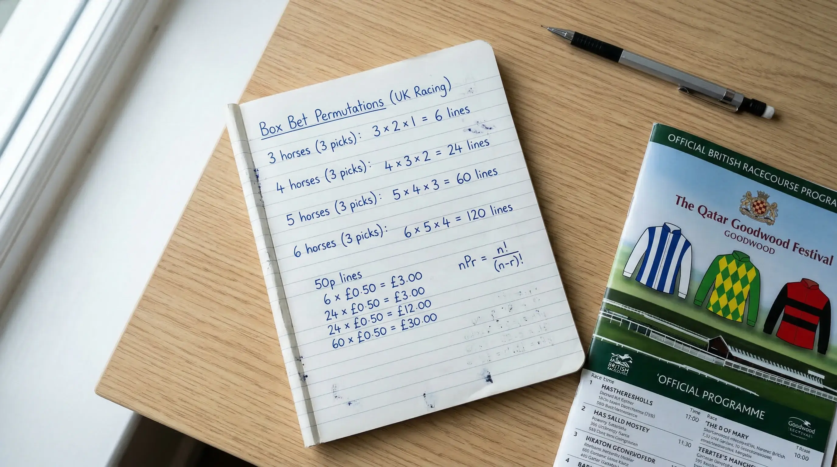 Hand-written calculation of box bet permutations and costs on a notepad beside a racecourse programme