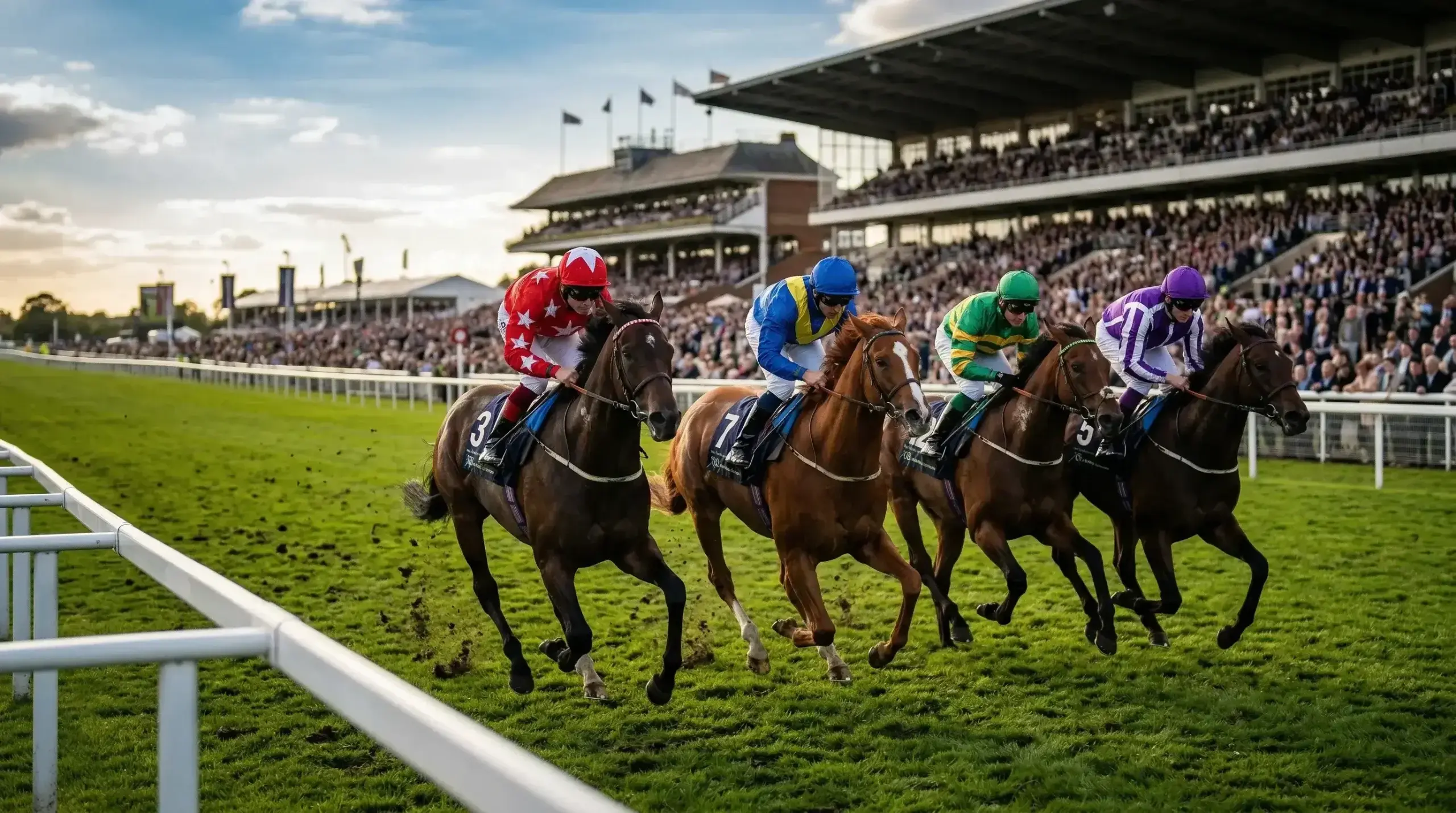 Thoroughbred horses racing on a sunlit British turf course with a packed grandstand, capturing the intensity of UK horse racing