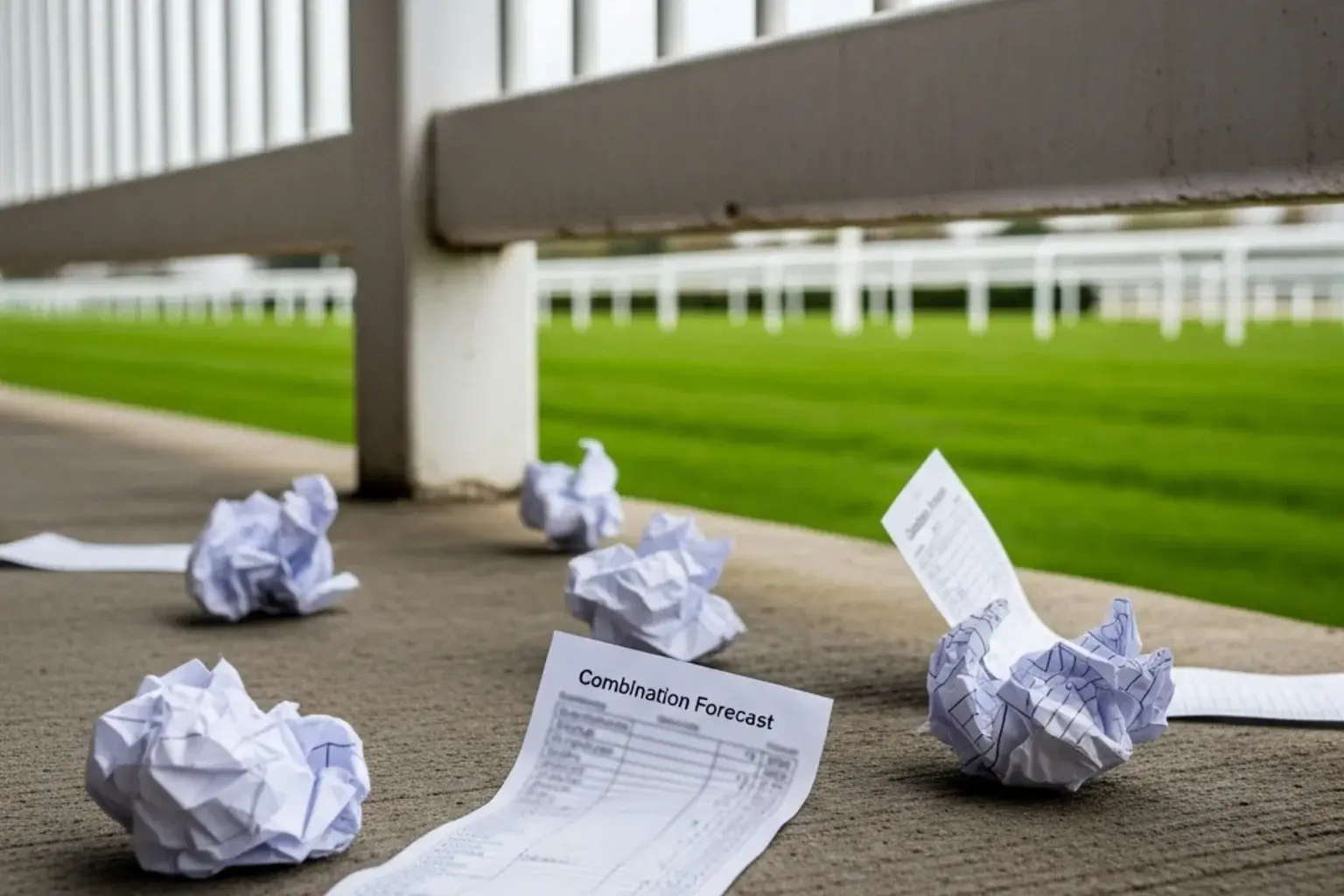 Crumpled losing betting slips on a racecourse floor illustrating common box bet mistakes