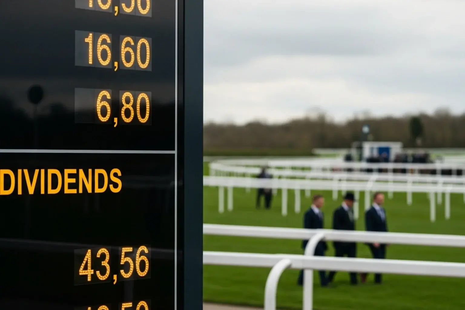 Racecourse dividend board showing post-race forecast and tricast payout figures