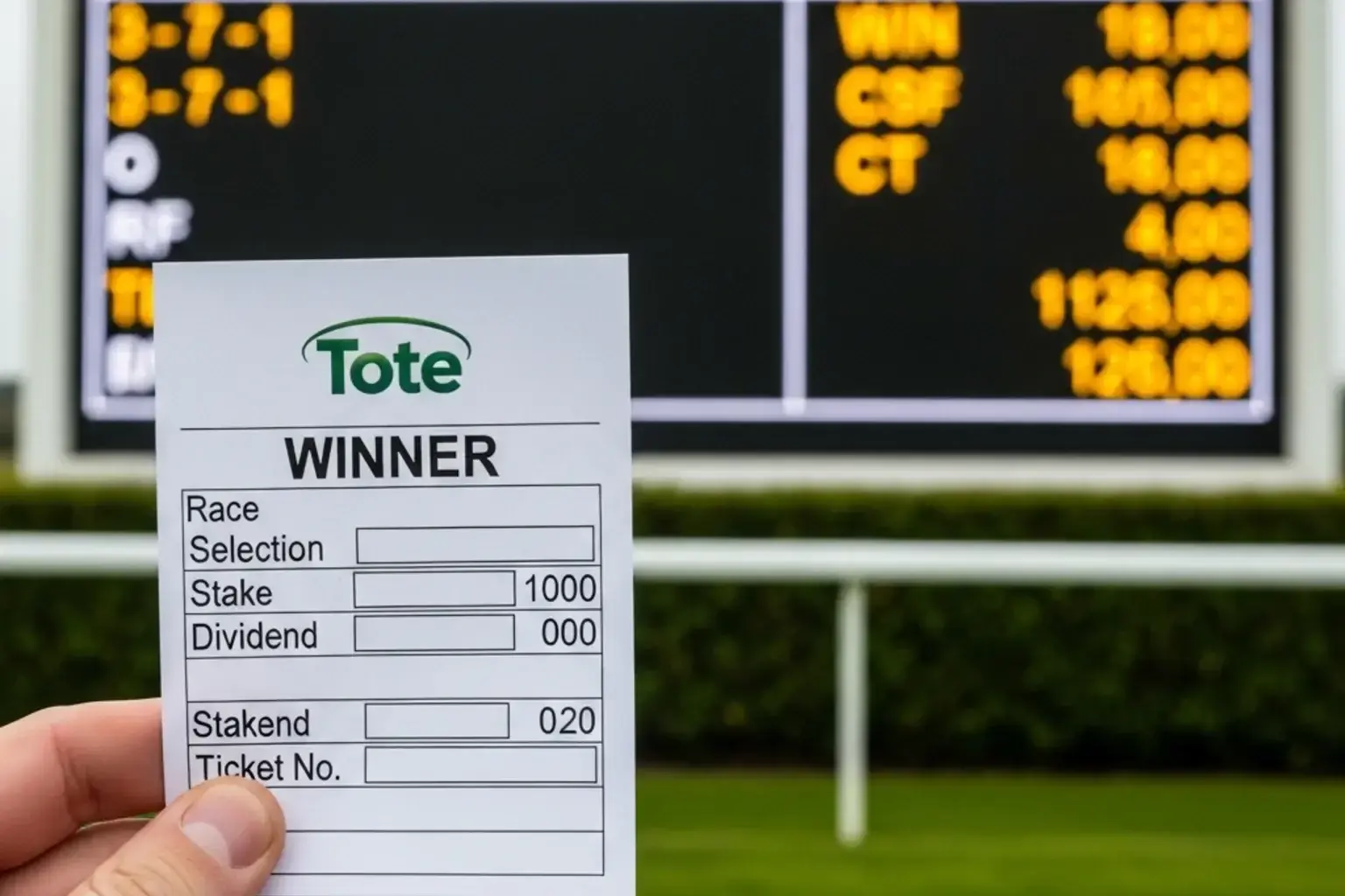 Winning betting slip next to a UK racecourse results board showing forecast dividends