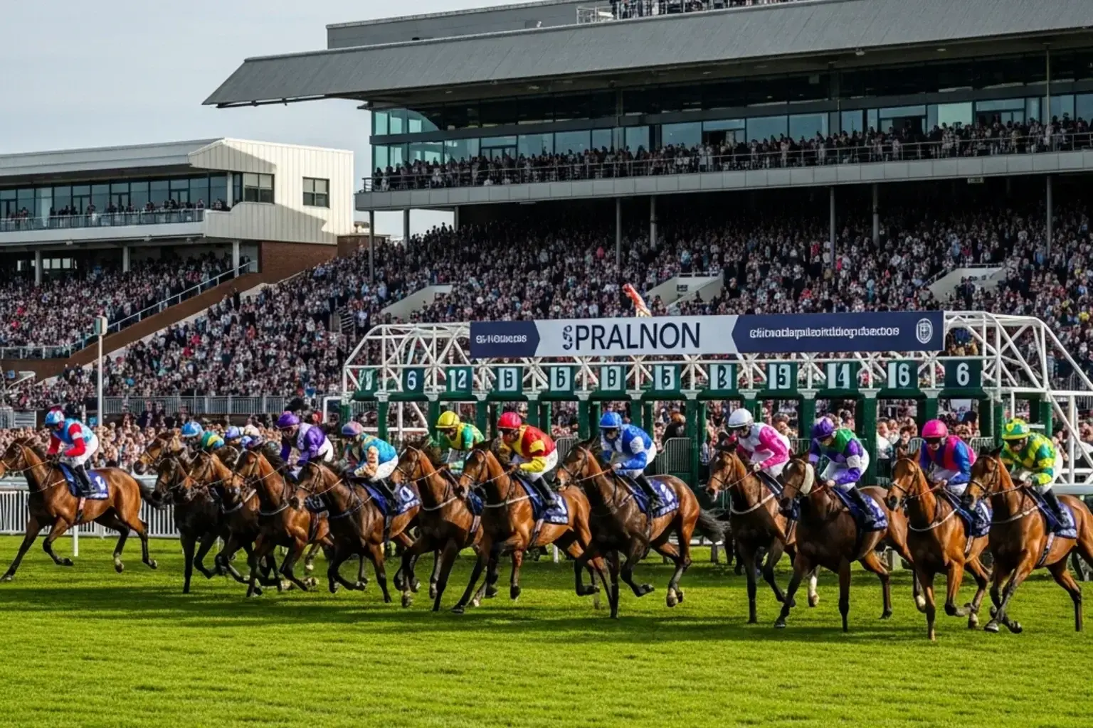Large field of horses racing in a UK flat handicap at York Racecourse, seen from the grandstand