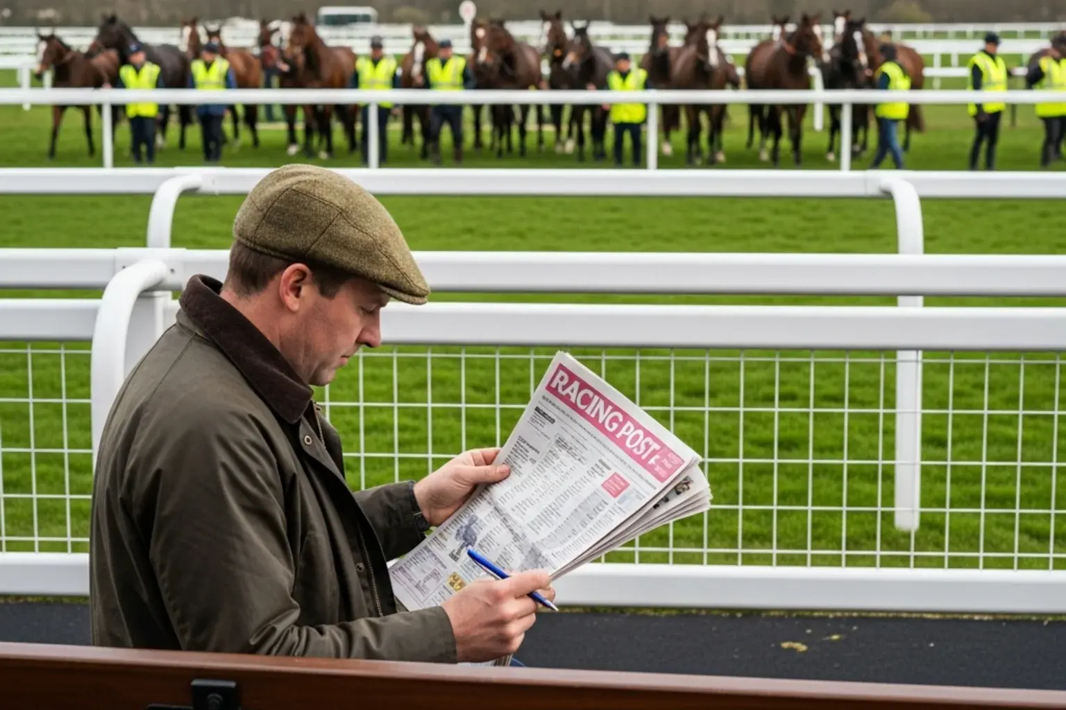 Punter studying a racecard at a UK racecourse with a large-field handicap about to start