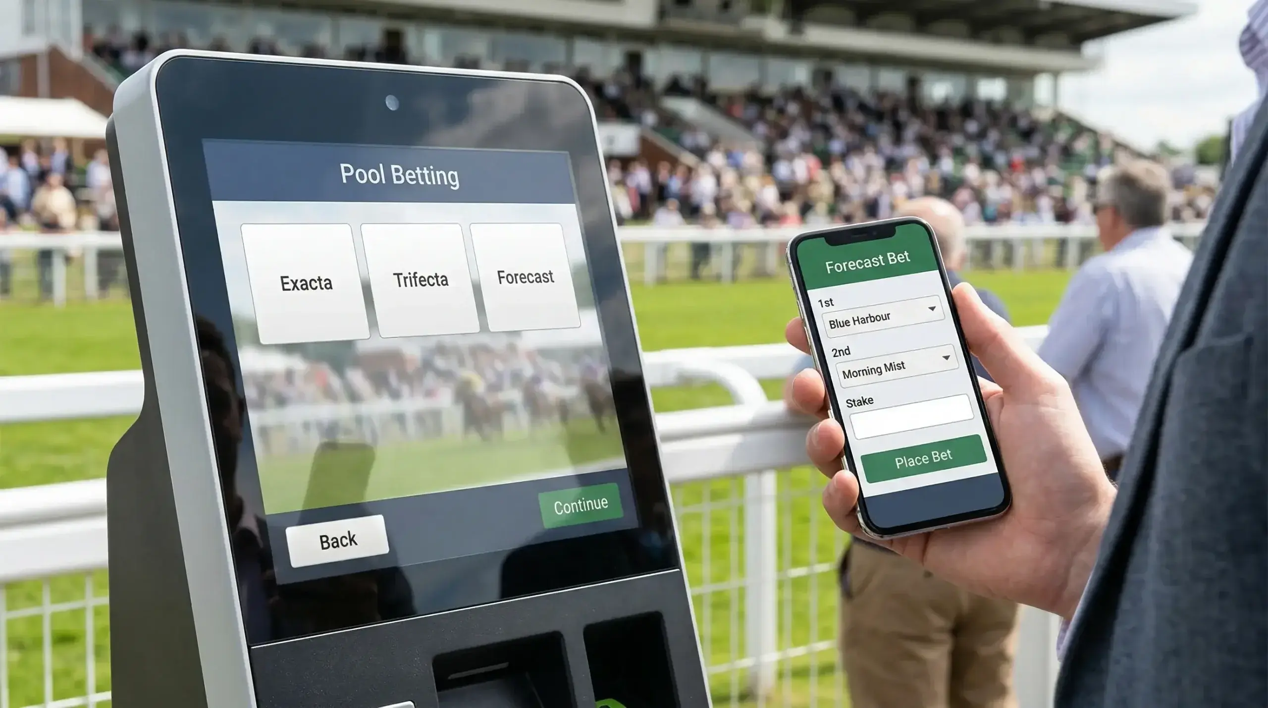 Split view of a Tote terminal at a UK racecourse and a mobile phone showing online betting