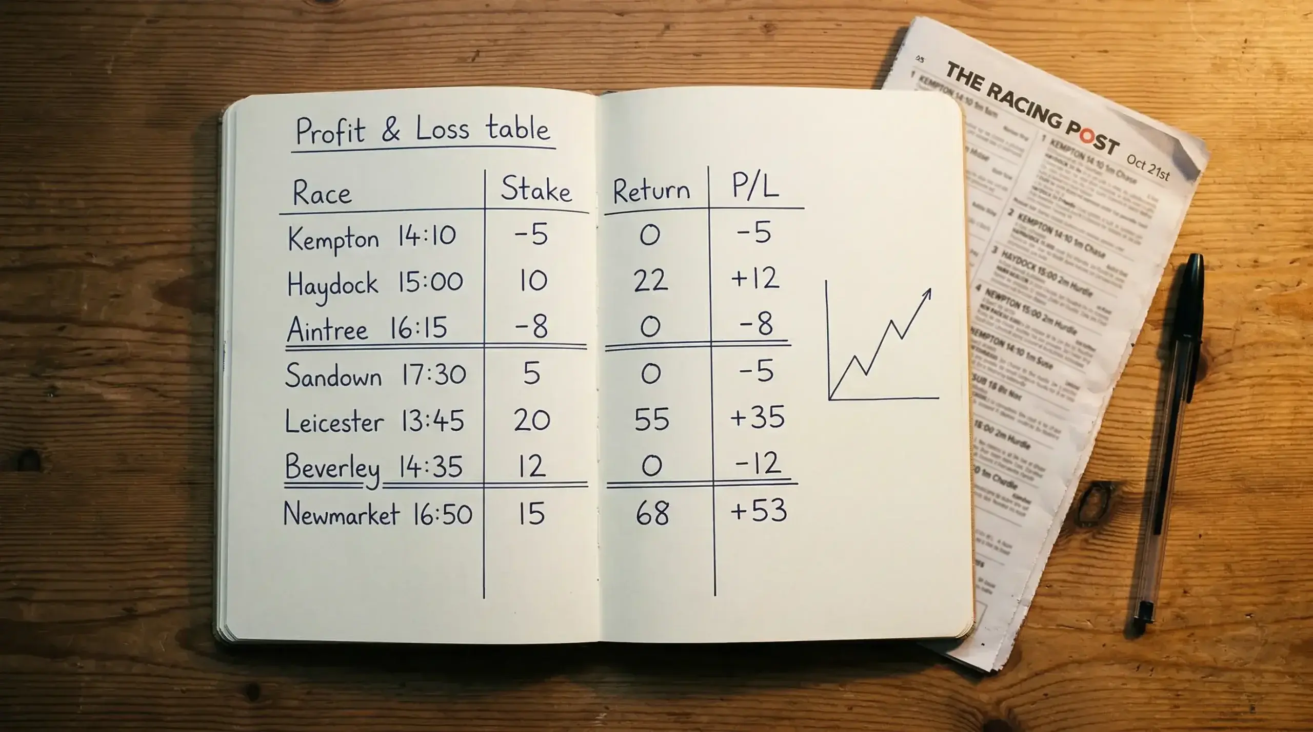 Notebook showing box bet profit and loss figures alongside a UK racecard