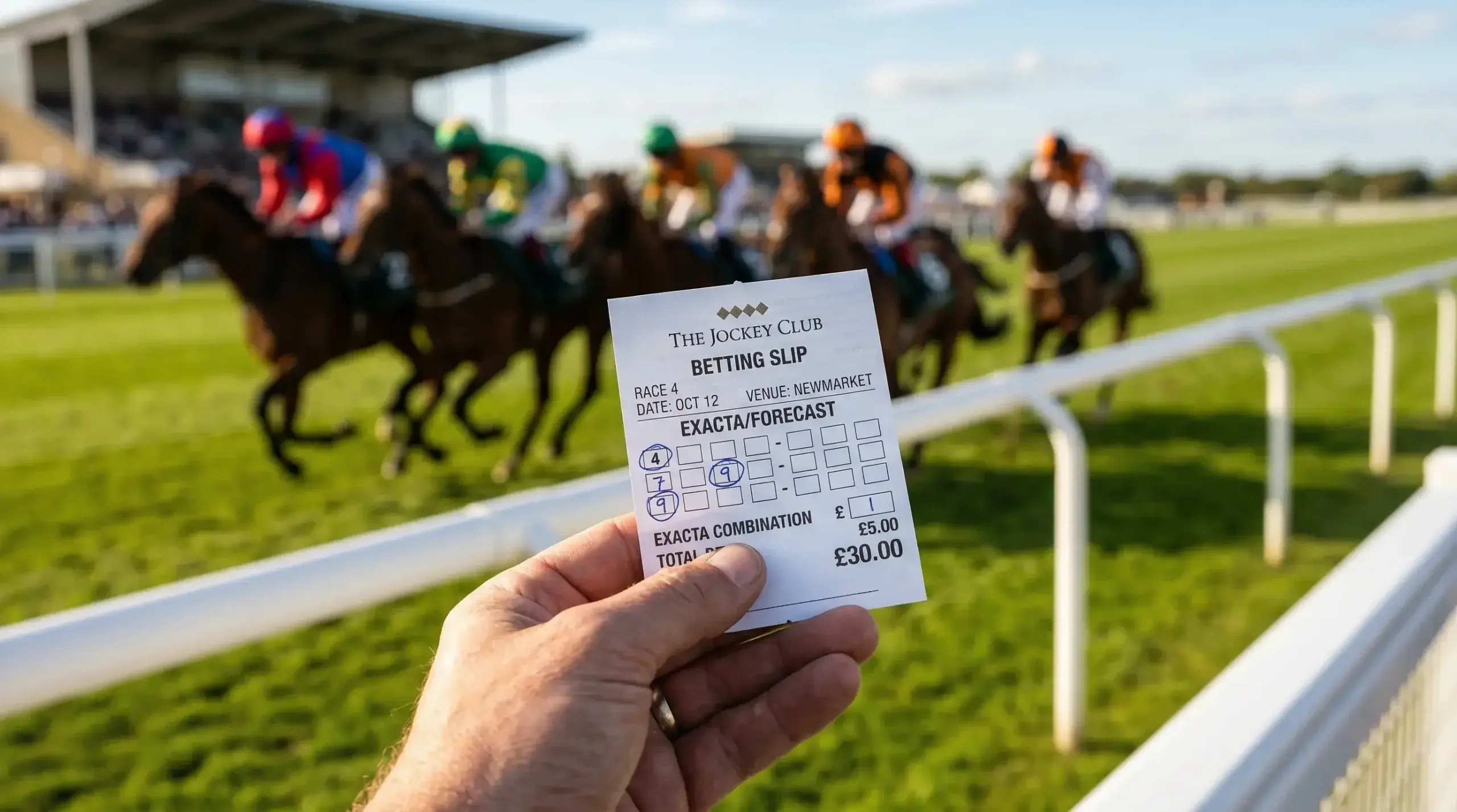Box exacta combination forecast slip at a UK racecourse with horses racing in the background