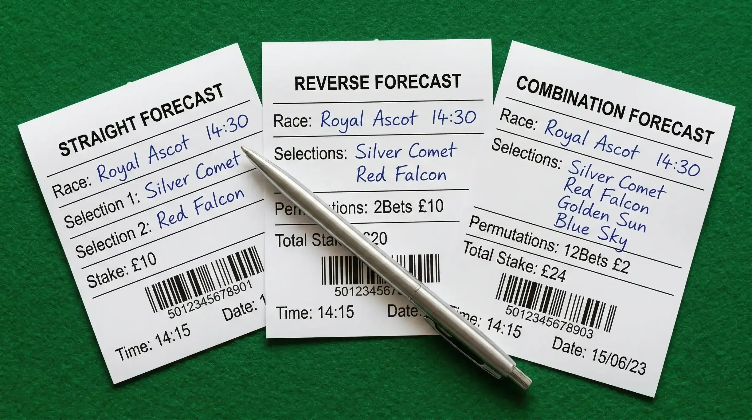 Three different UK horse racing betting slips showing straight reverse and combination forecast types