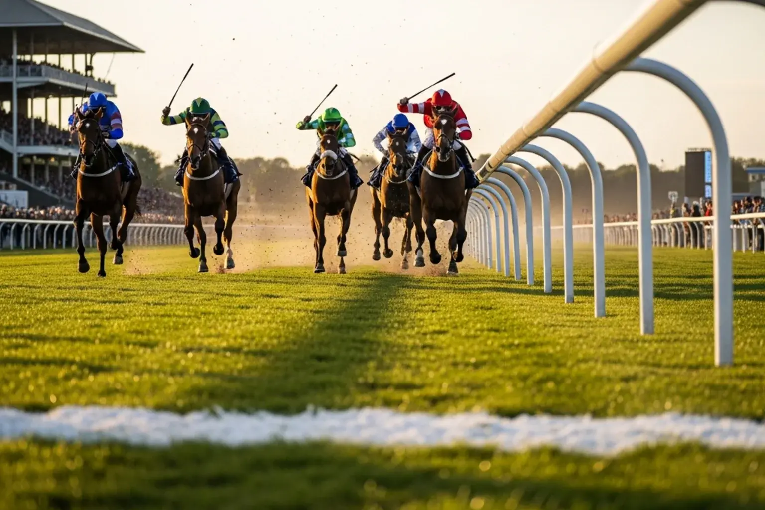 Four horses crossing the finish line together in a tight UK horse racing finish