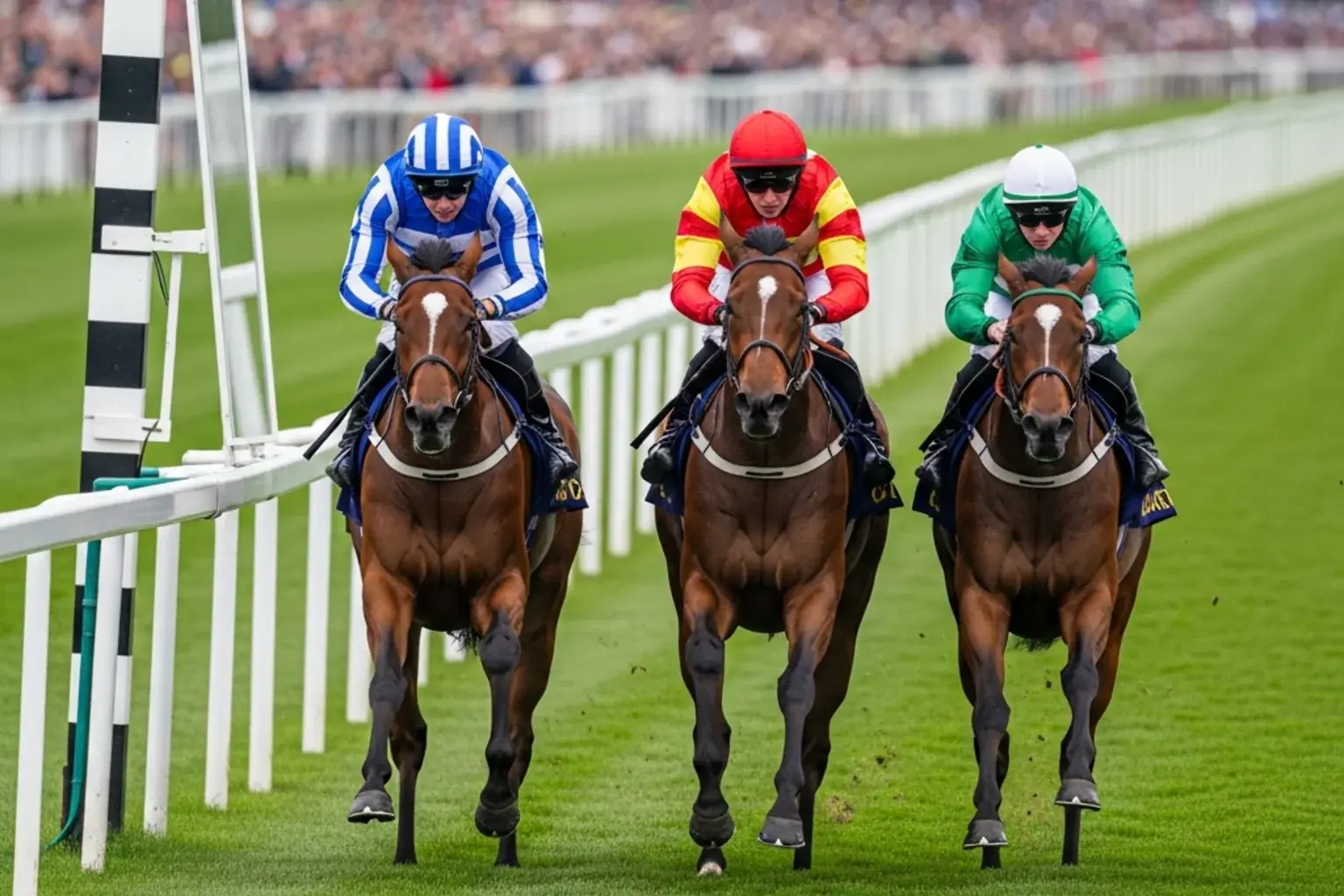 Three thoroughbred horses finishing close together in a UK handicap race