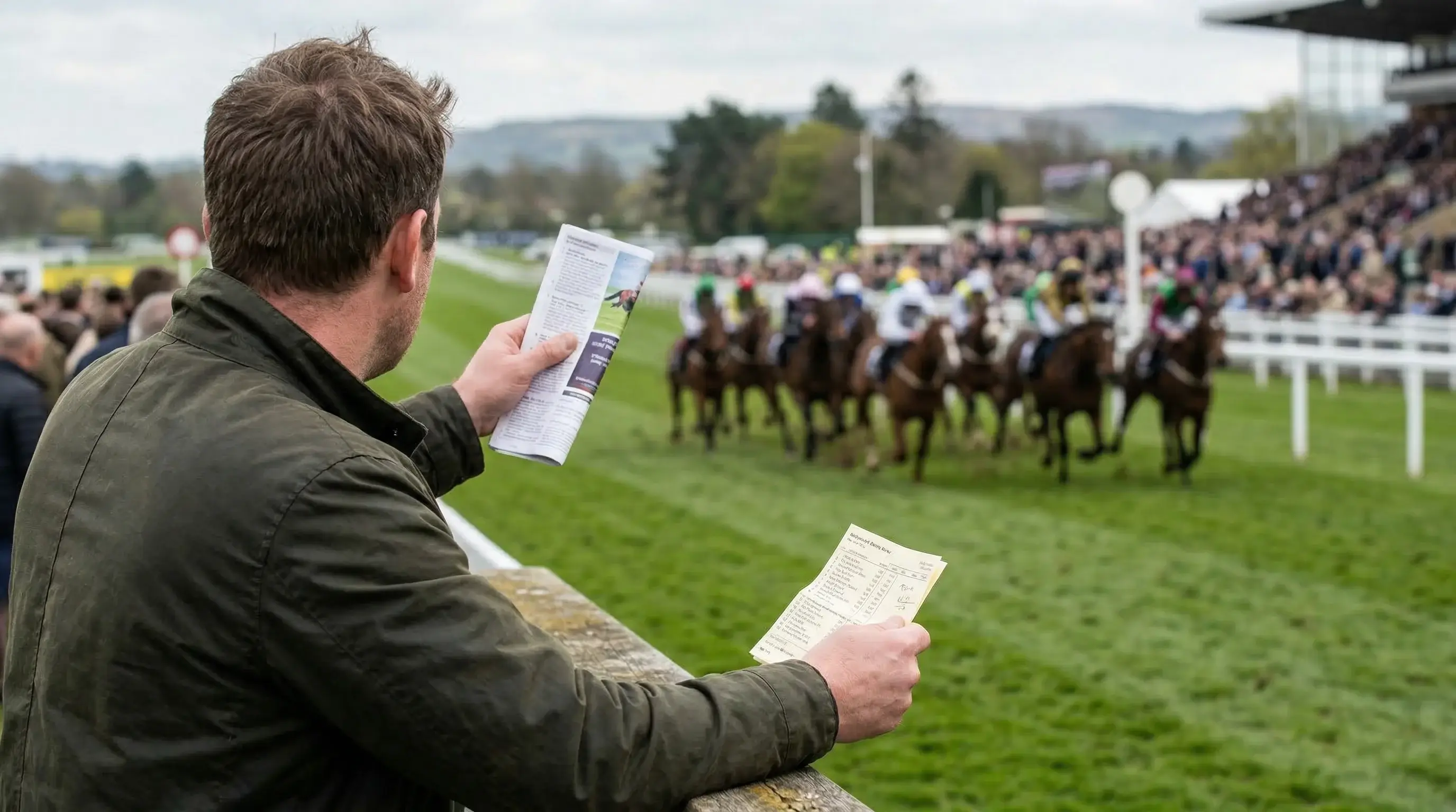Punter studying a combination tricast bet slip at a UK racecourse with horses visible on the track behind