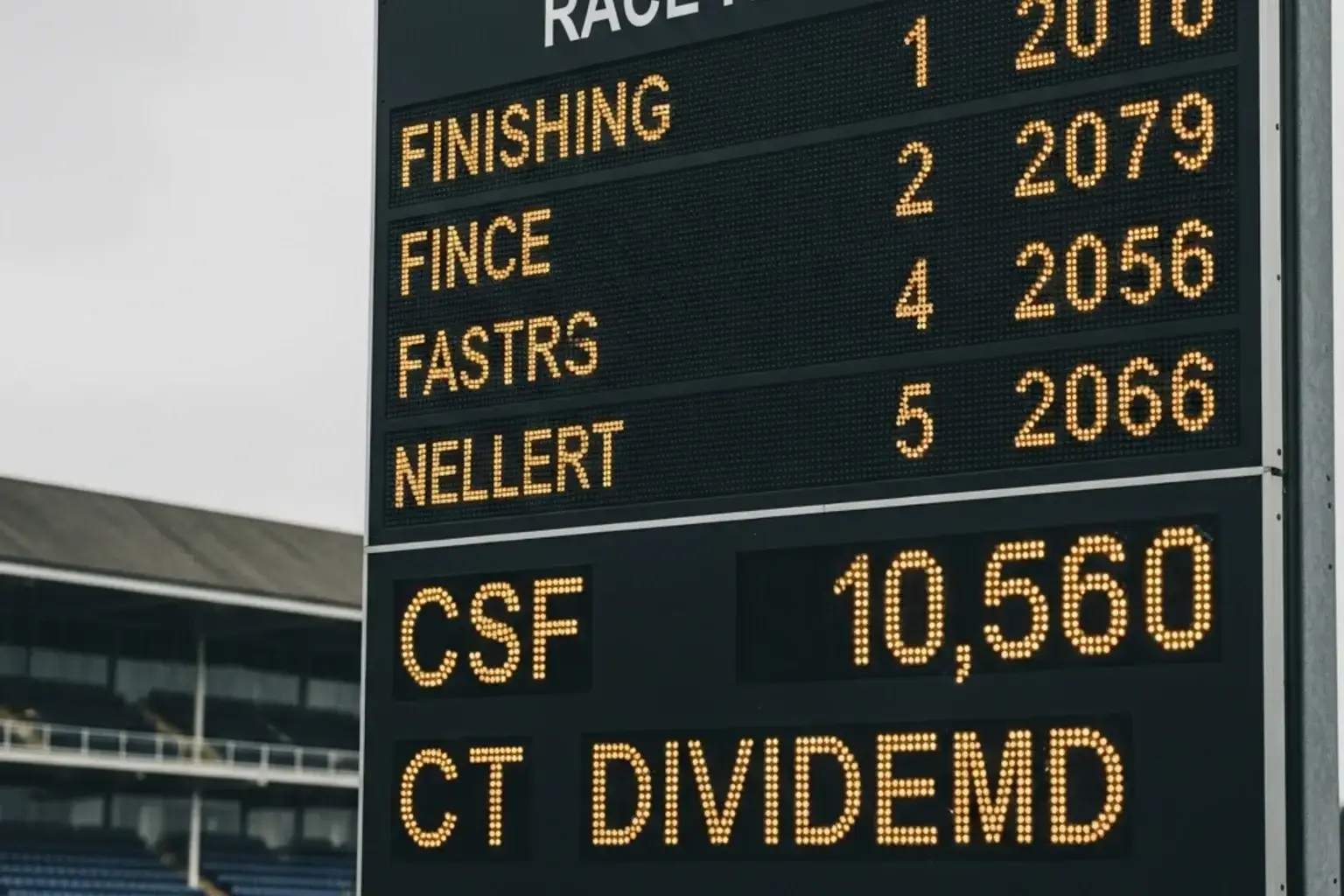 UK racecourse results board displaying CSF and Computer Tricast dividend figures