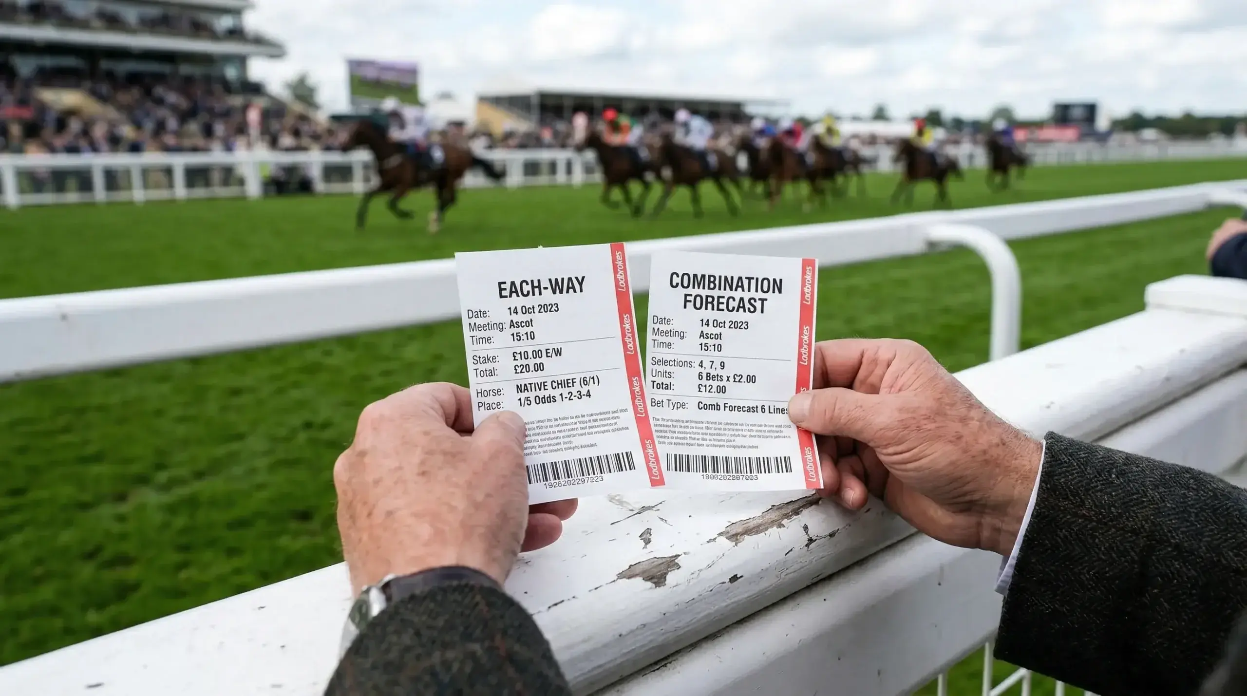 Punter comparing each-way and box forecast betting slips at a UK racecourse