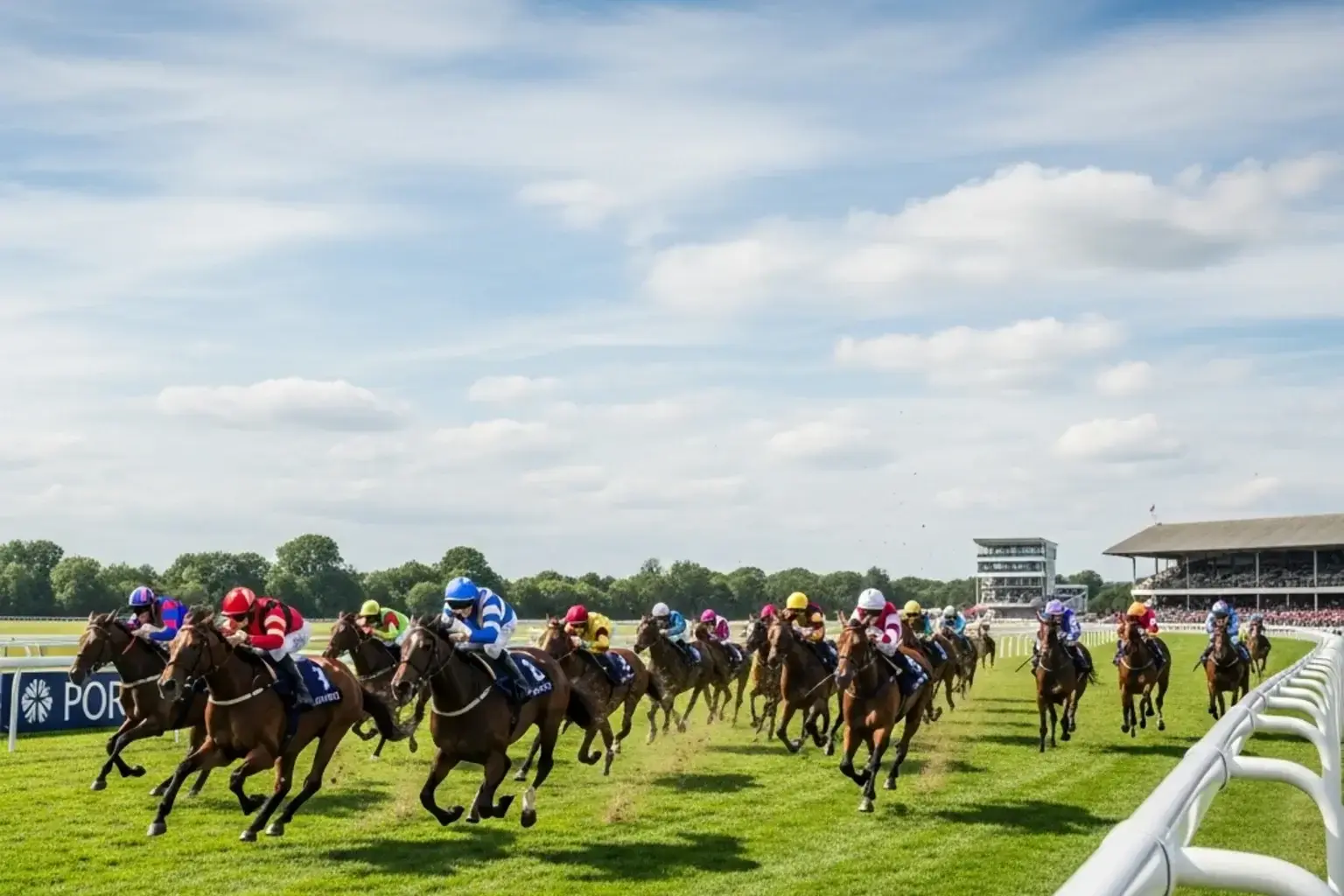 Large field of horses racing on a UK turf flat course in summer sunshine