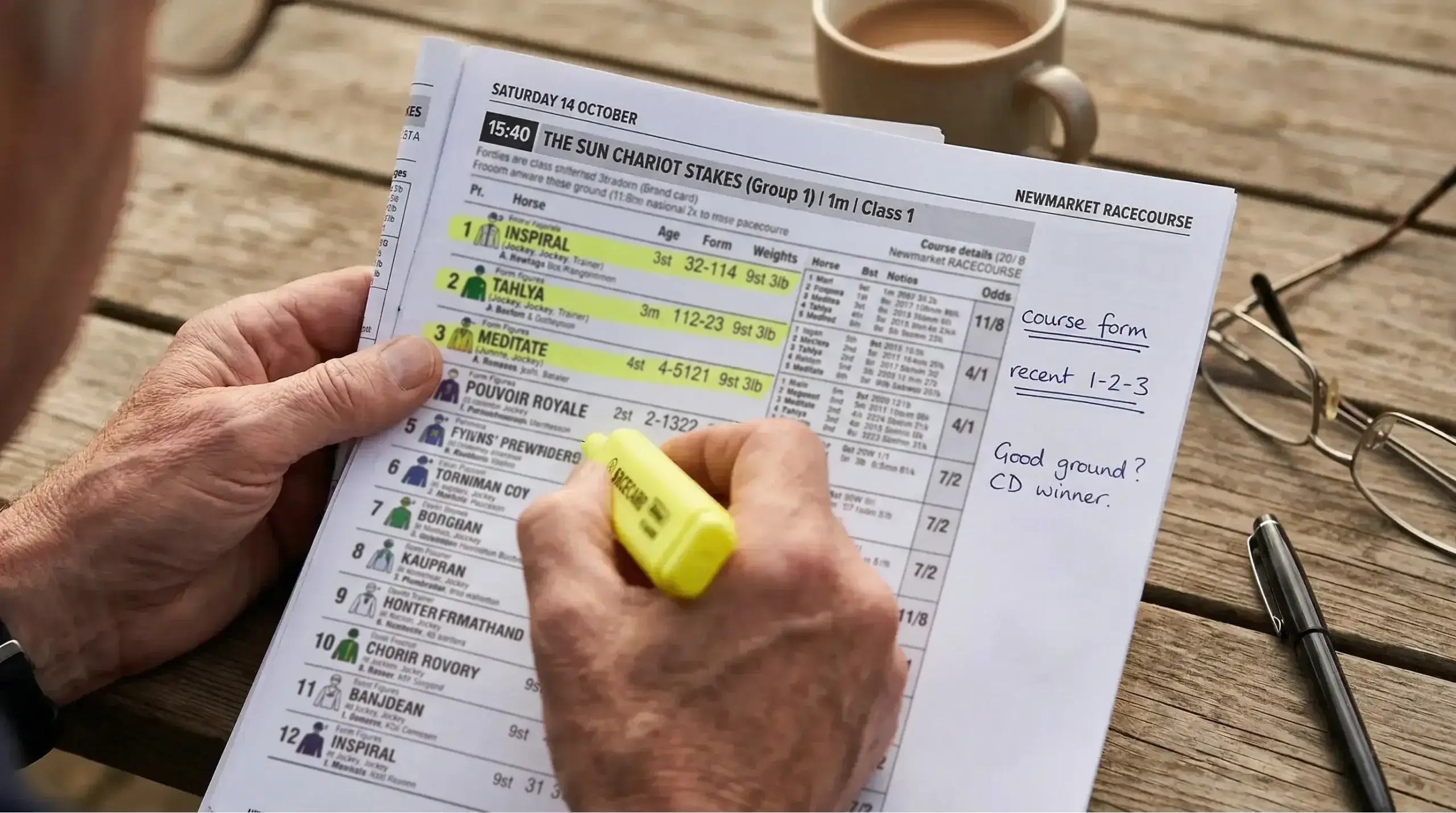 Punter studying a UK racecard form guide with pen markings to select box bet horses