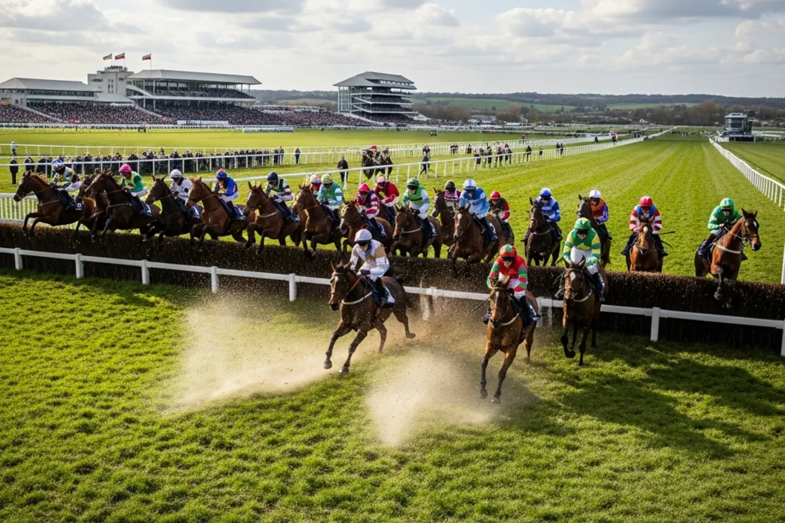 Massive field of horses jumping Bechers Brook at the Grand National Aintree