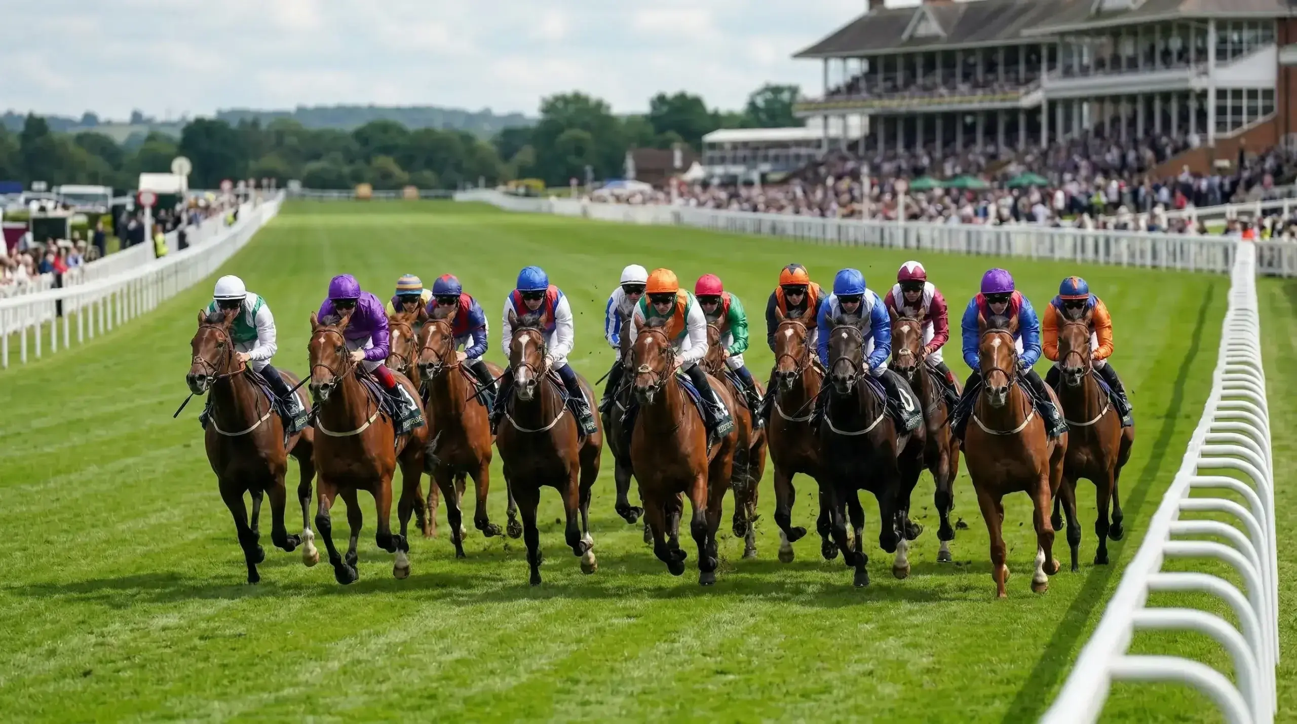 Competitive field of evenly weighted horses racing in a UK handicap on turf