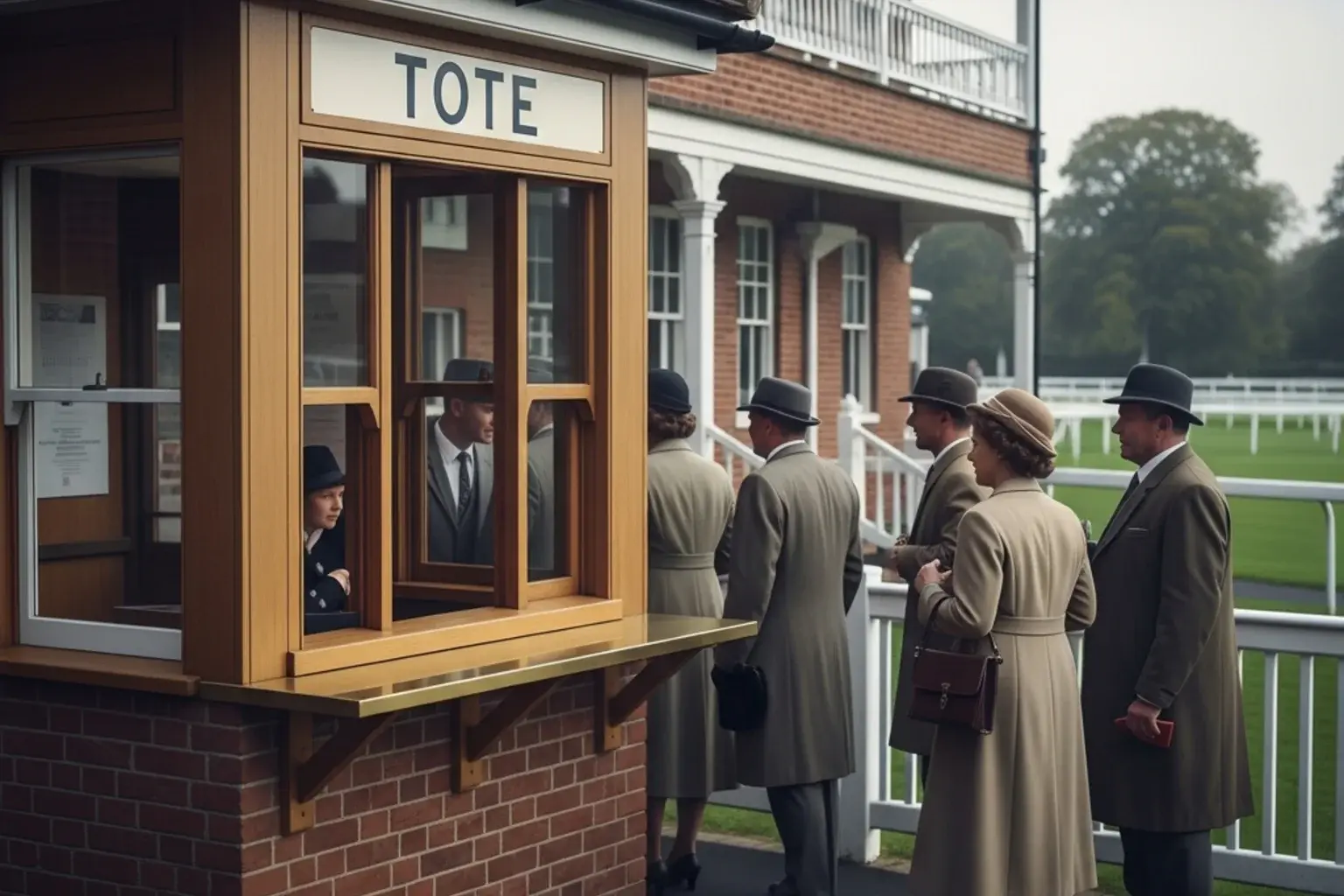 Vintage Tote betting window at a British racecourse evoking the history of forecast betting