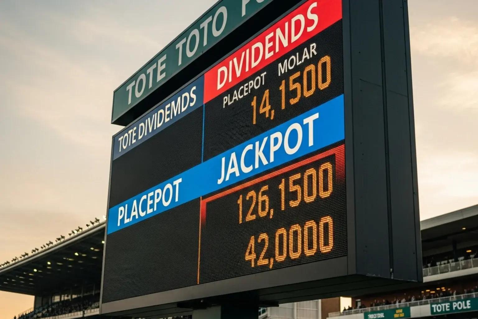 Tote pool betting board at a UK racecourse showing Placepot and Jackpot dividends