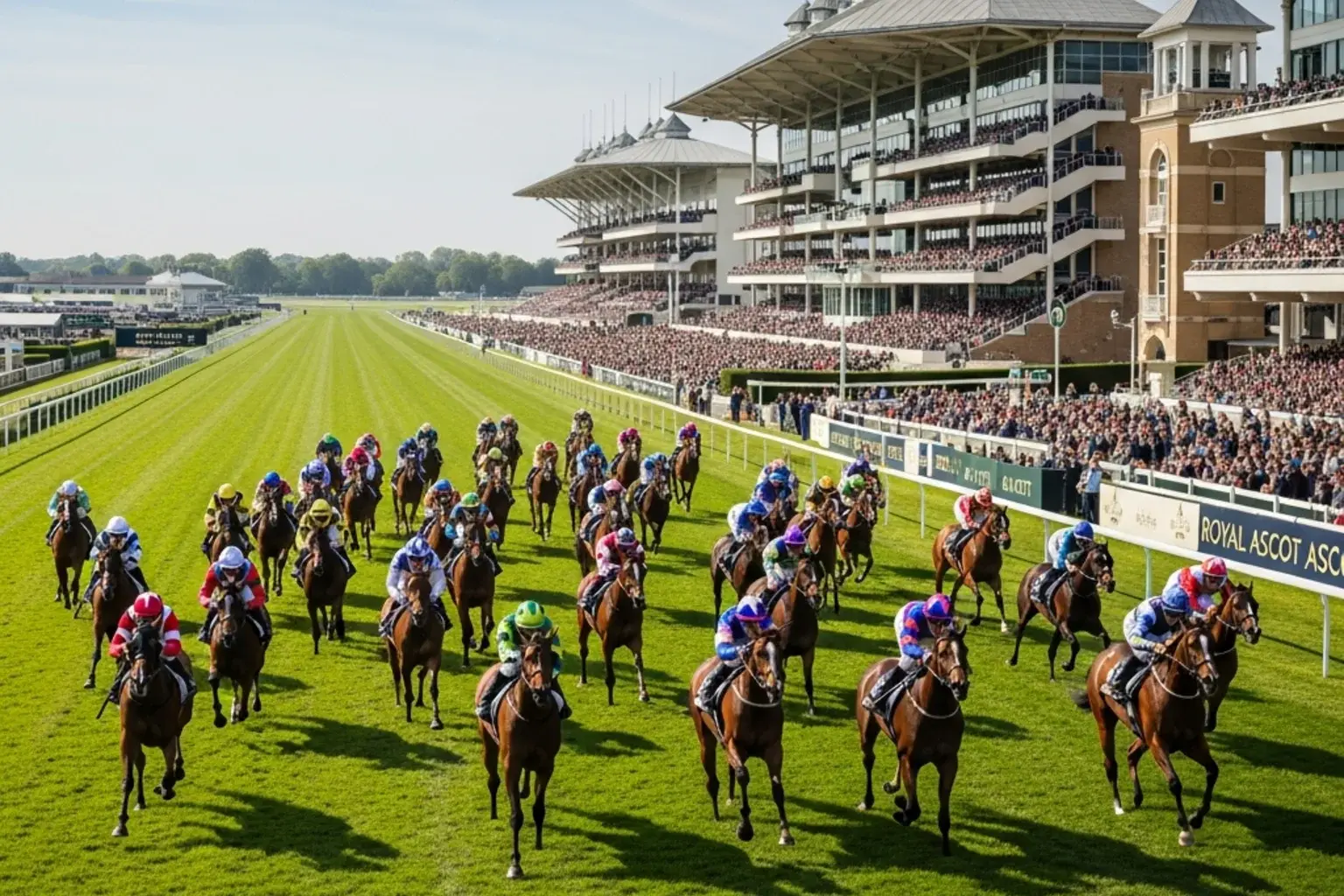 Large field sprinting up the straight at Royal Ascot in a heritage handicap