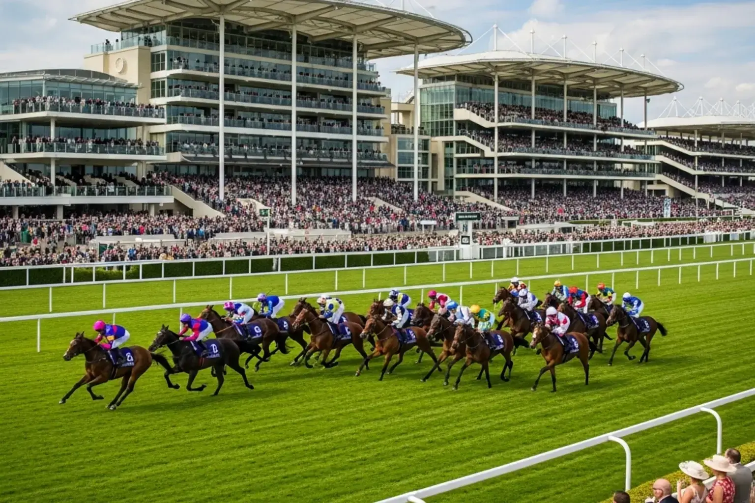 Packed grandstand at Royal Ascot during a Heritage Handicap race with a field of over twenty runners on the straight course