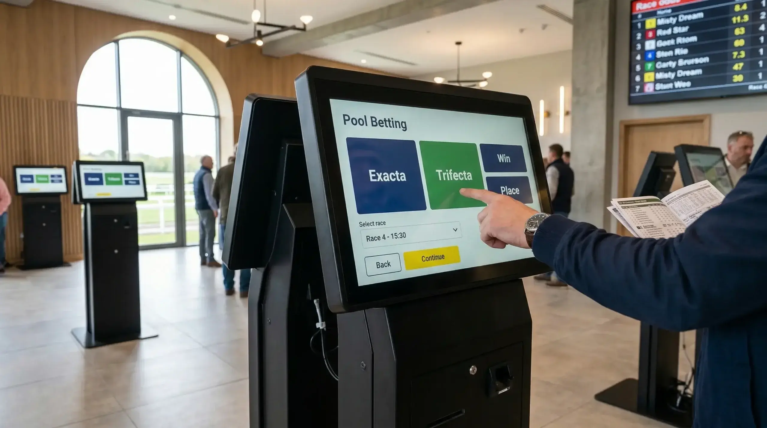 Tote self-service betting terminal at a UK racecourse with pool betting options