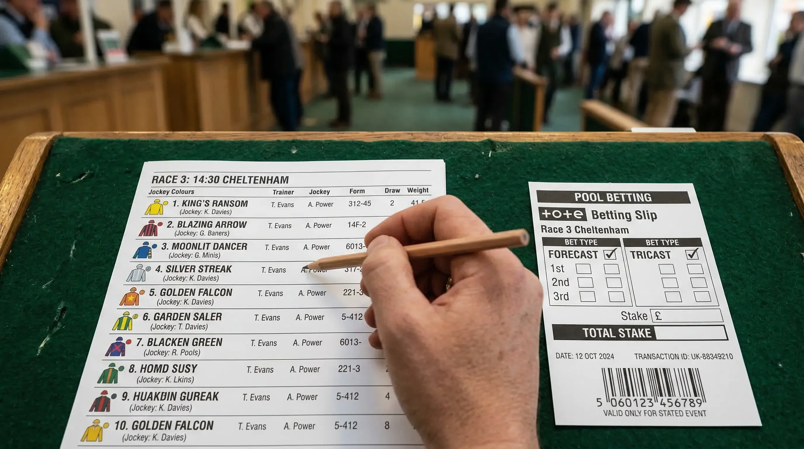 UK forecast and tricast betting terminology displayed on a bookmaker racecard at a British racecourse