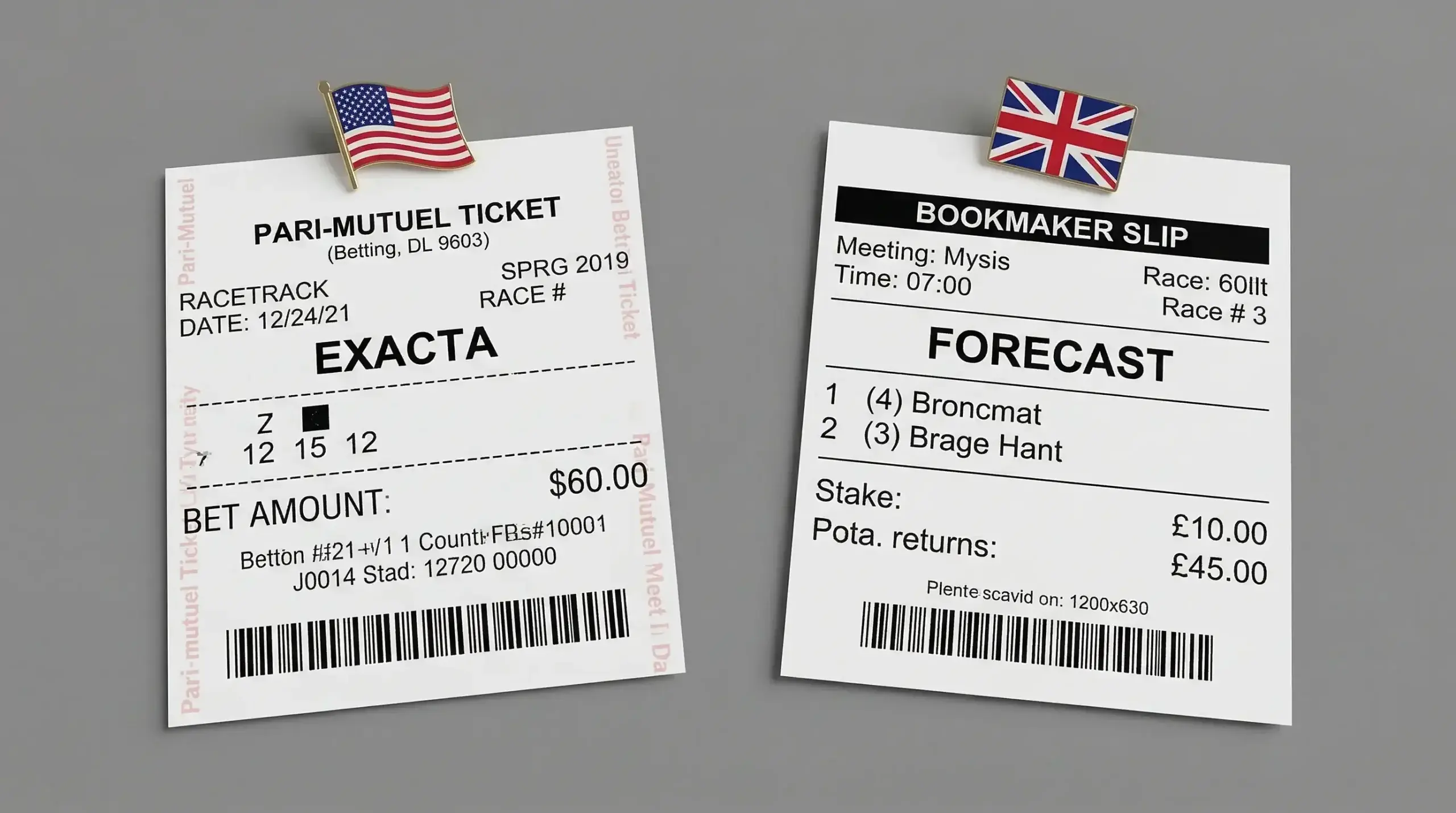 Side-by-side UK and US horse racing betting slips showing equivalent exotic bet terms