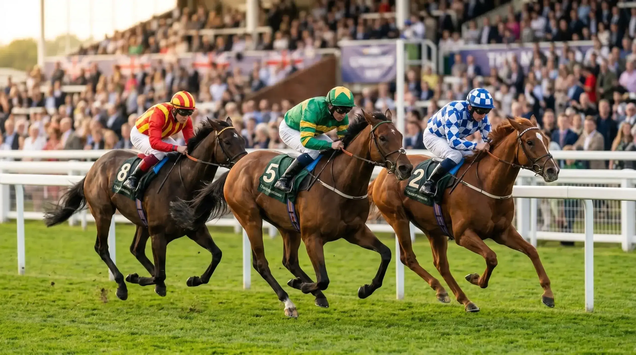 Horse racing finish line with multiple horses in a tight group illustrating box bet concept